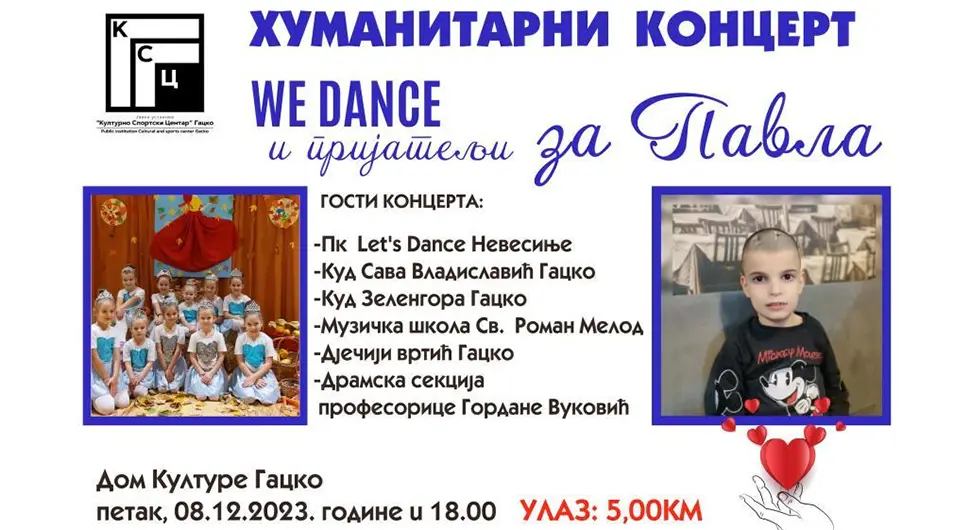 Плесни клуб из Гацка организује хуманитарни концерт за дјечака Павла