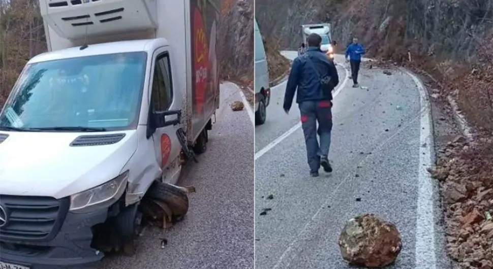 Возачи опрез! Нови одрон, камен уништио предњи дио камиона