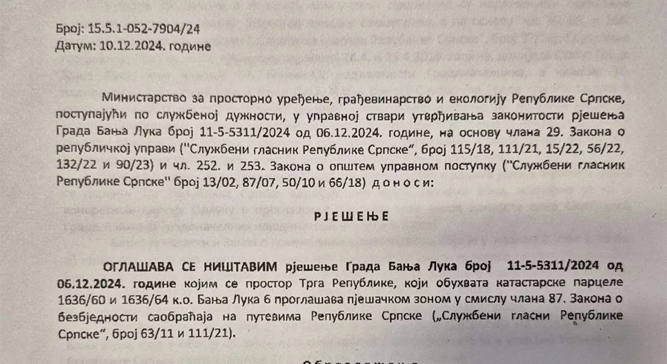 Огласило се Министарство: Ништа од пјешачке зоне на простору Трга Републике