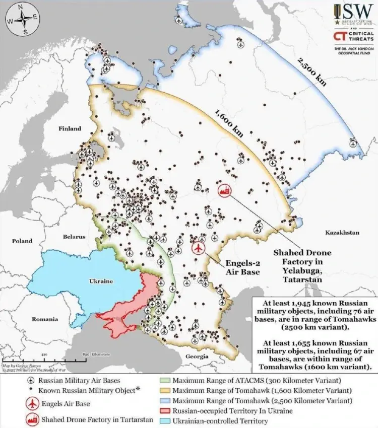 ИСВ објавио мапу шта Кијев може гађати Томахавком