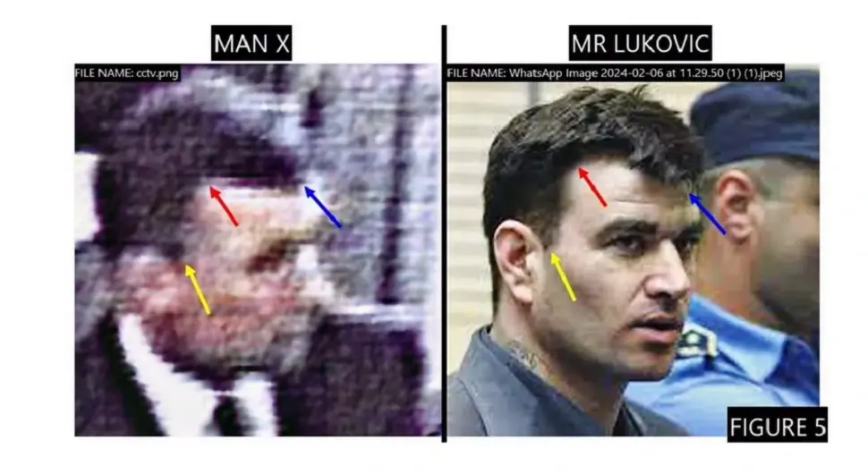 Анализа британске полиције која је поредила црте лица Милорада Улемека Легије и човјека "X" којег је снимила надзорна камера након убиства Џил Дандо