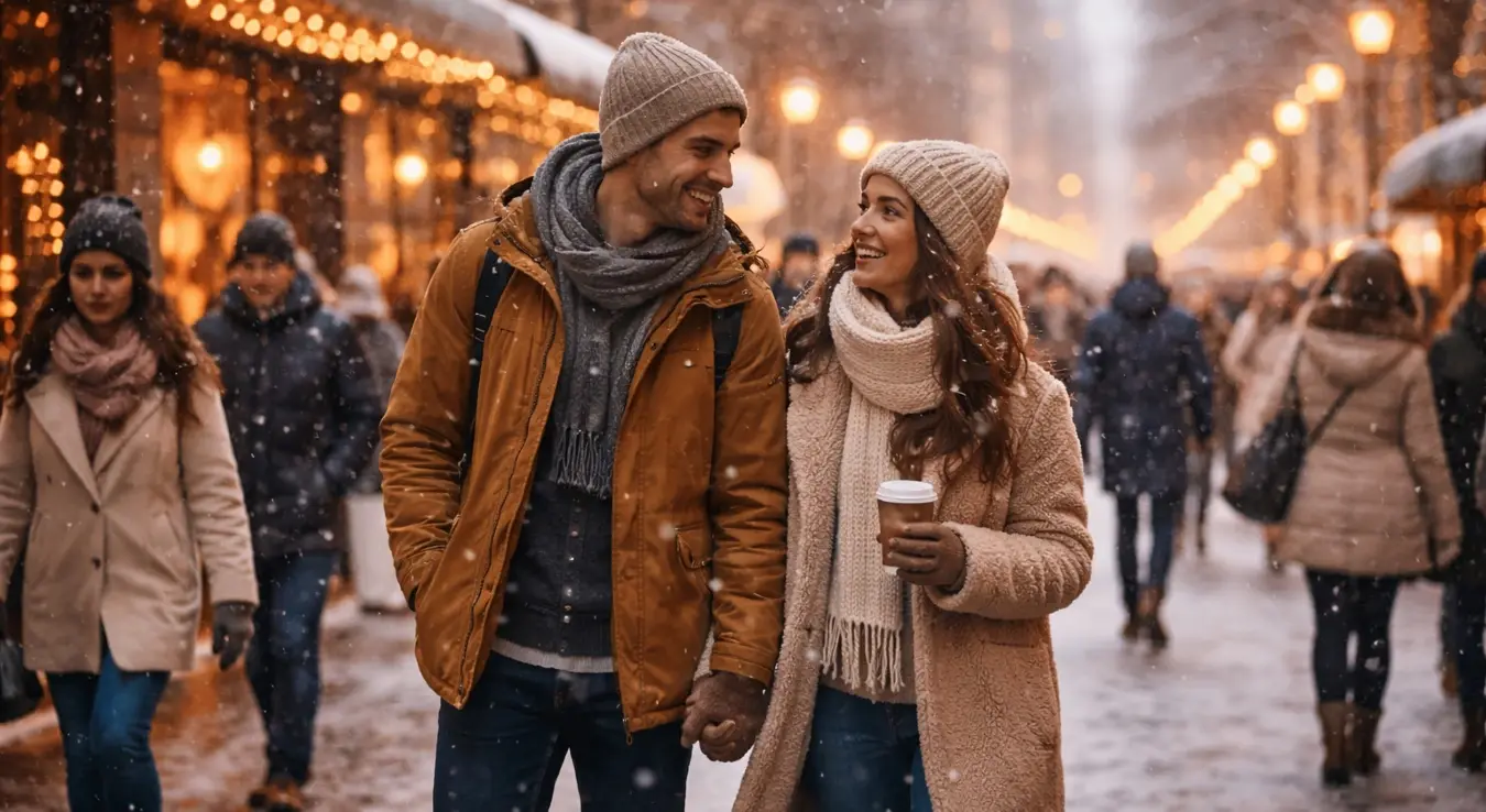 Par pije kaficu, šetnja, hladno vrijeme