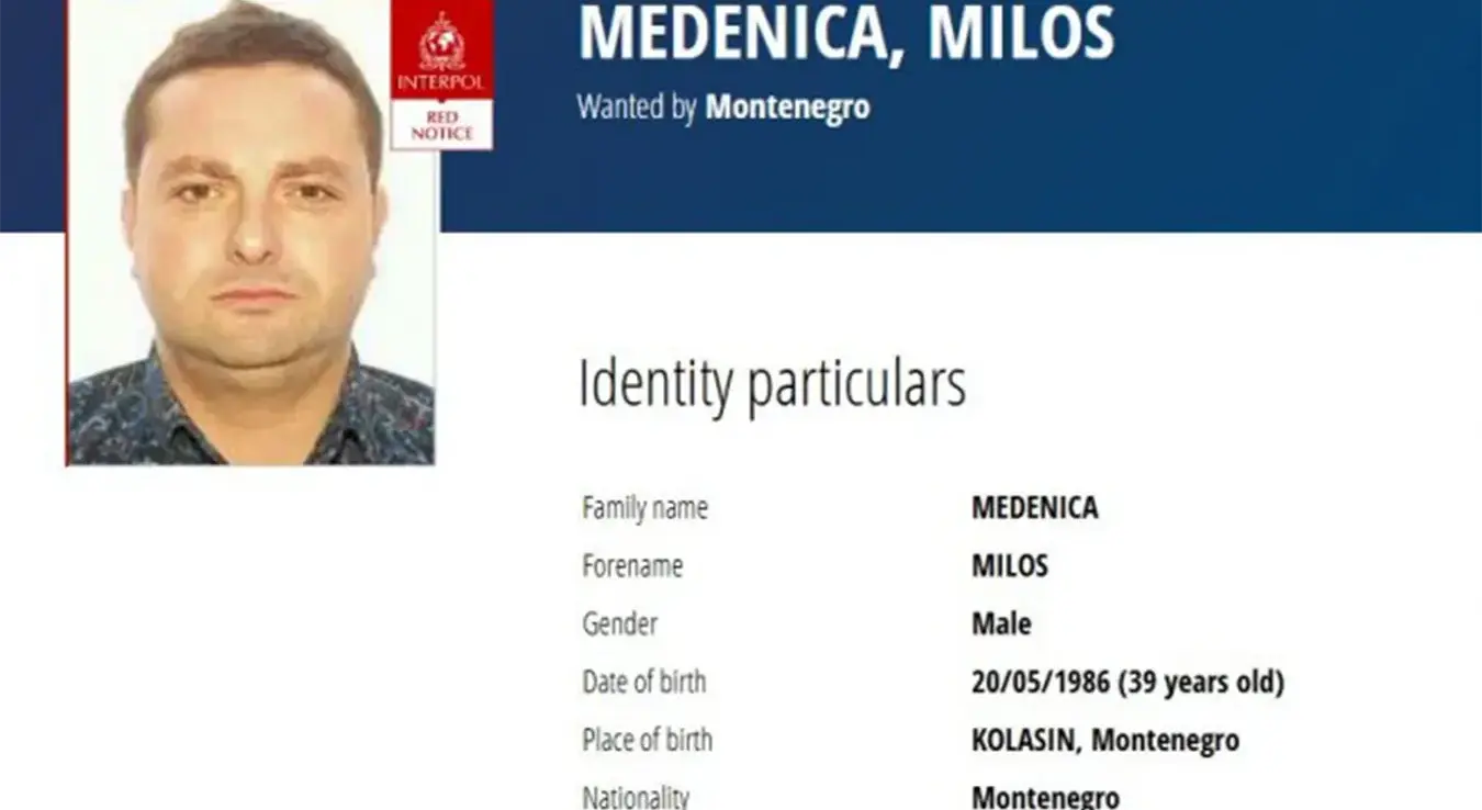 Црвена потјерница за Милошем Меденицом на страници Интерпола