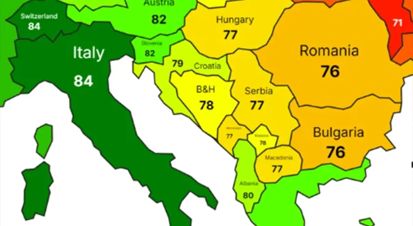 Карта просјечне старости Балканаца