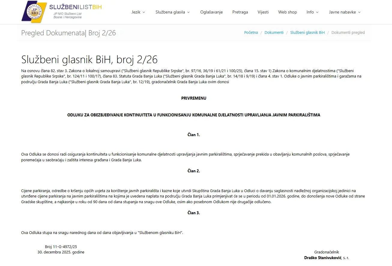 Станивуковић објавио одлуку о наплати паркинга