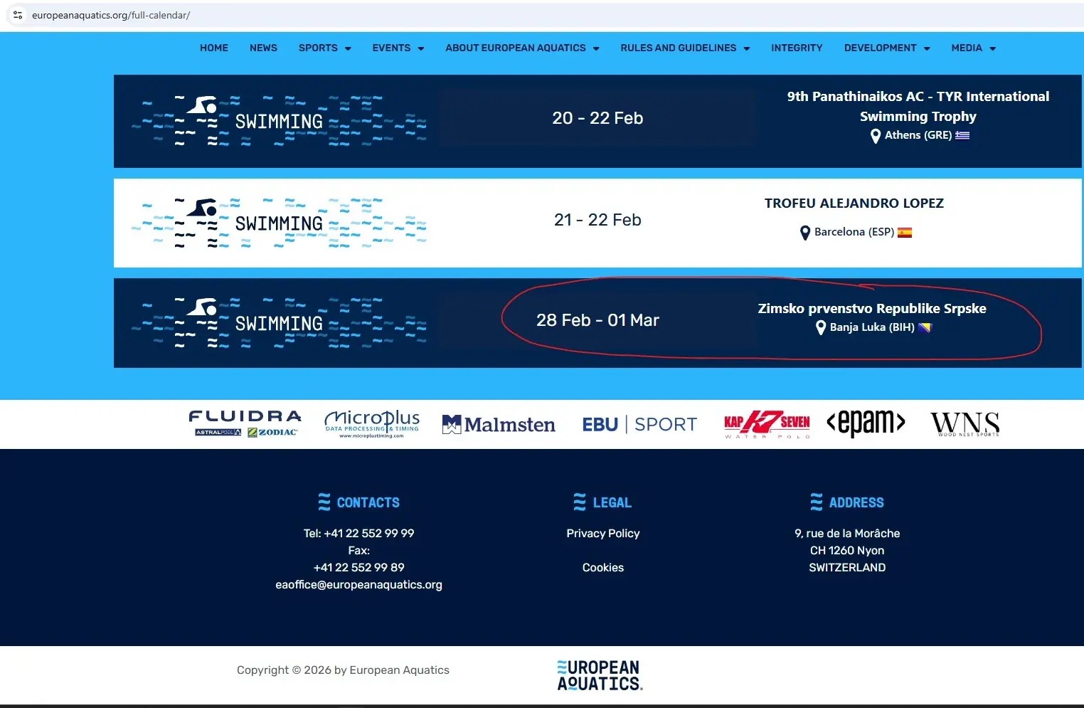 Календар Европске пливачке федерације