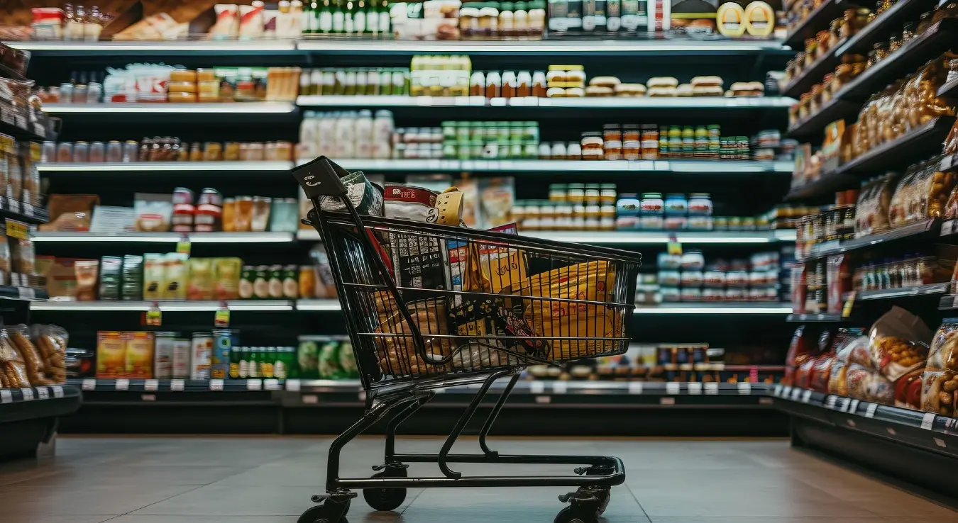 Пуна корпа у маркету, у позадини се виде полице намирницама.
