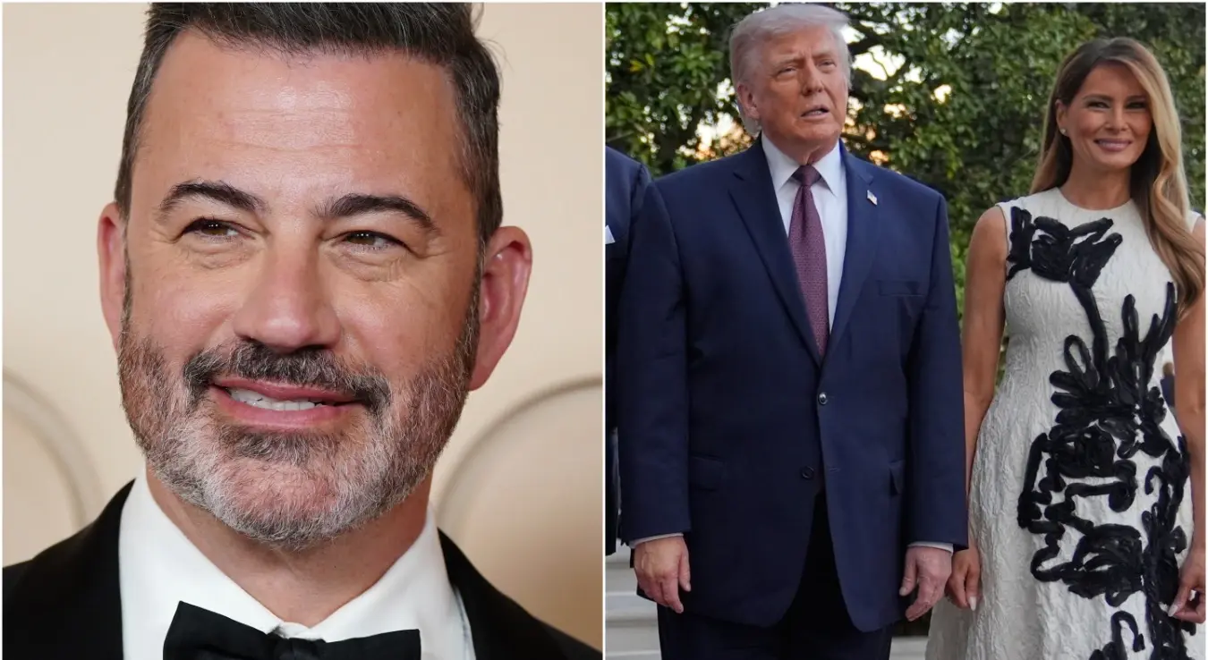 Десно на слици је водитељ Џими Кимел, лијево су Доналд Трамп и Меланија