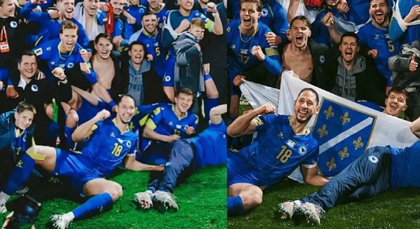 Фотографија коју је објавио Пафос (лијево) и оригинална фотографија фудбалера БиХ са заставом с љиљанима