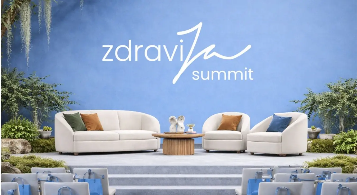 Слика приказује модерну и пажљиво дизајнирану сценографију за догађај под називом „zdraviJa summit“.