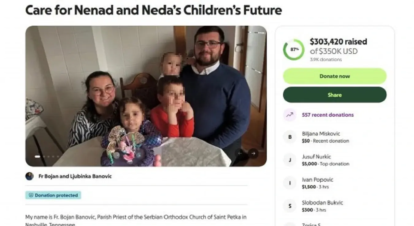 Приказ са странице "Гофаундми" хуманитарне акције за дјецу страдале породице Митрић на којој је прикупљено 306.000 долара