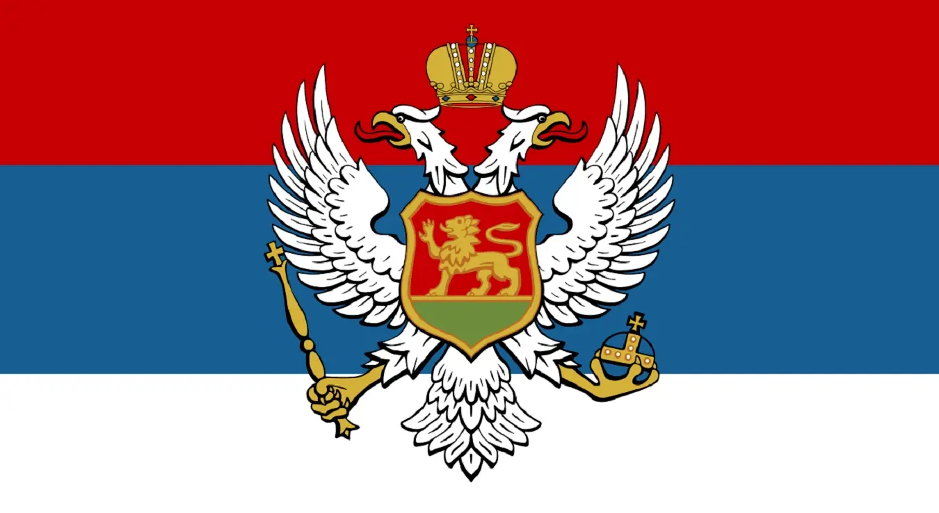 Црвено-плаво-бијела застава са двоглавим бијелим орлом који има круну. На прсима орла је црвено-зелени грб са златним лавом.