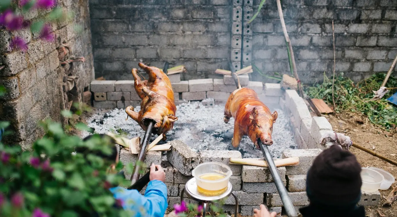 На фотографији су приказана двојица мушкараца који сједе један поред другог на отвореном простору, вјероватно у дворишту, и припремају печење на традиционалан начин. Сваки држи окретач за ражан на којем се пече прасе.