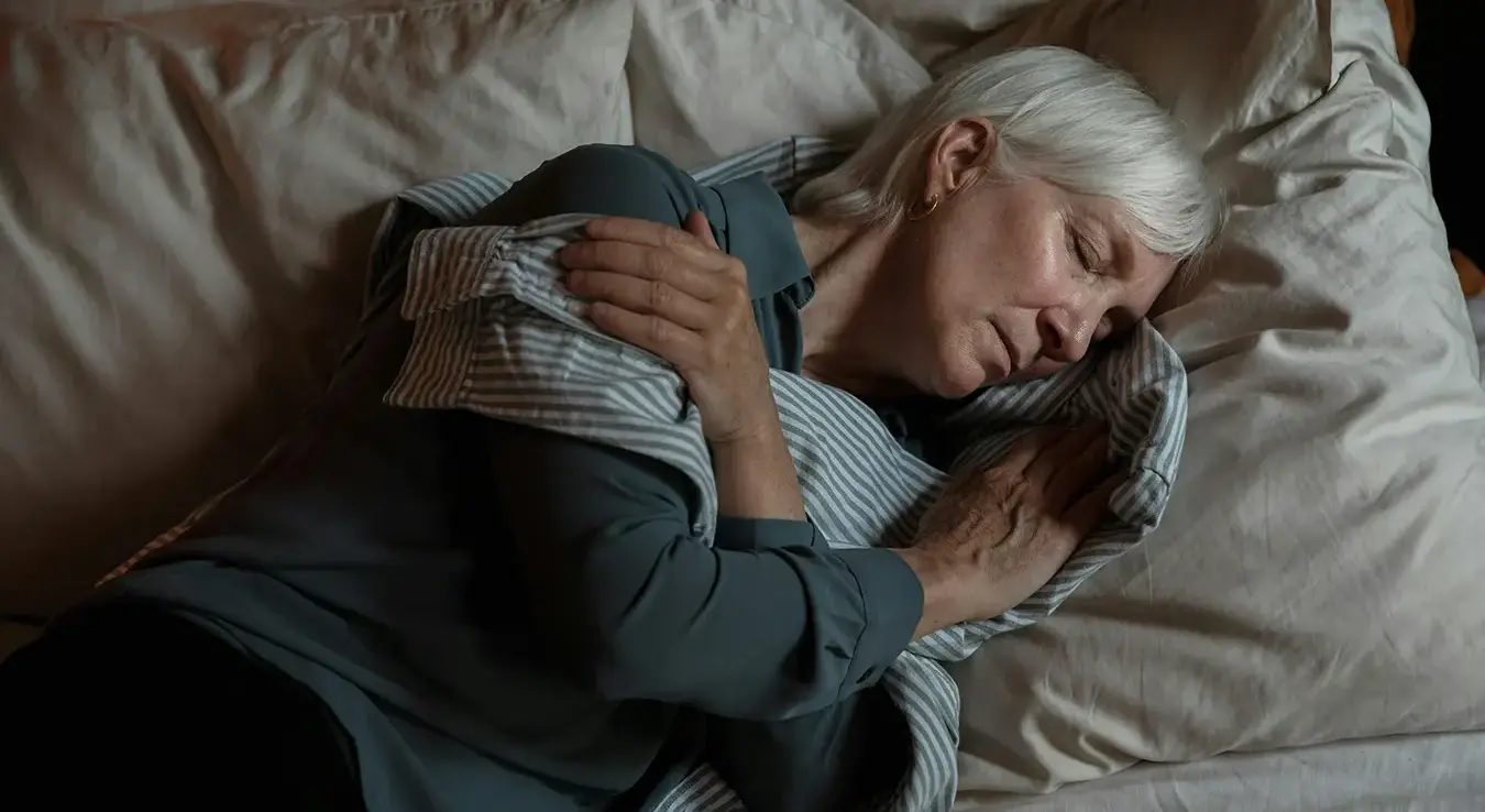 Старија жена у сивој кошуљи и са сиједом косом лежи у кревету и спава.