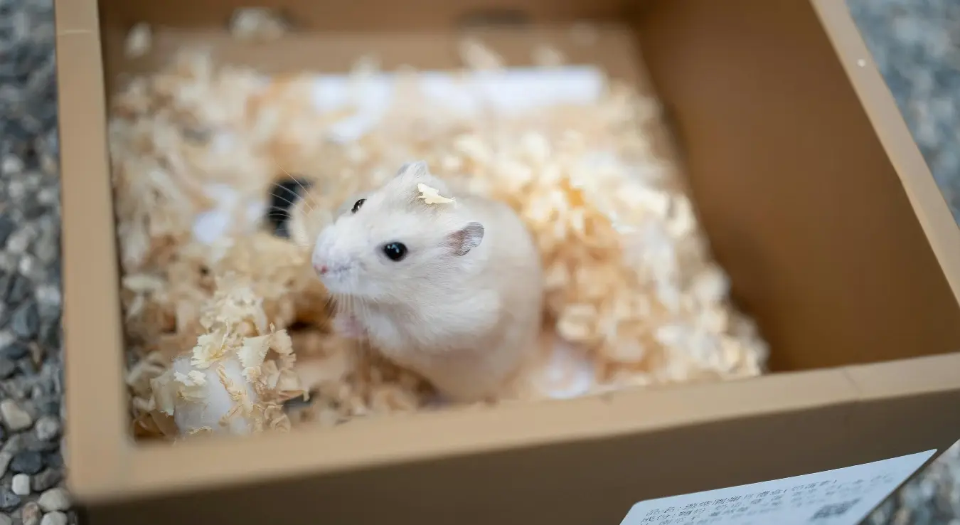 Младунче хрчка у кутији са пиљевином стоји на двије ноге и збуњено гледа