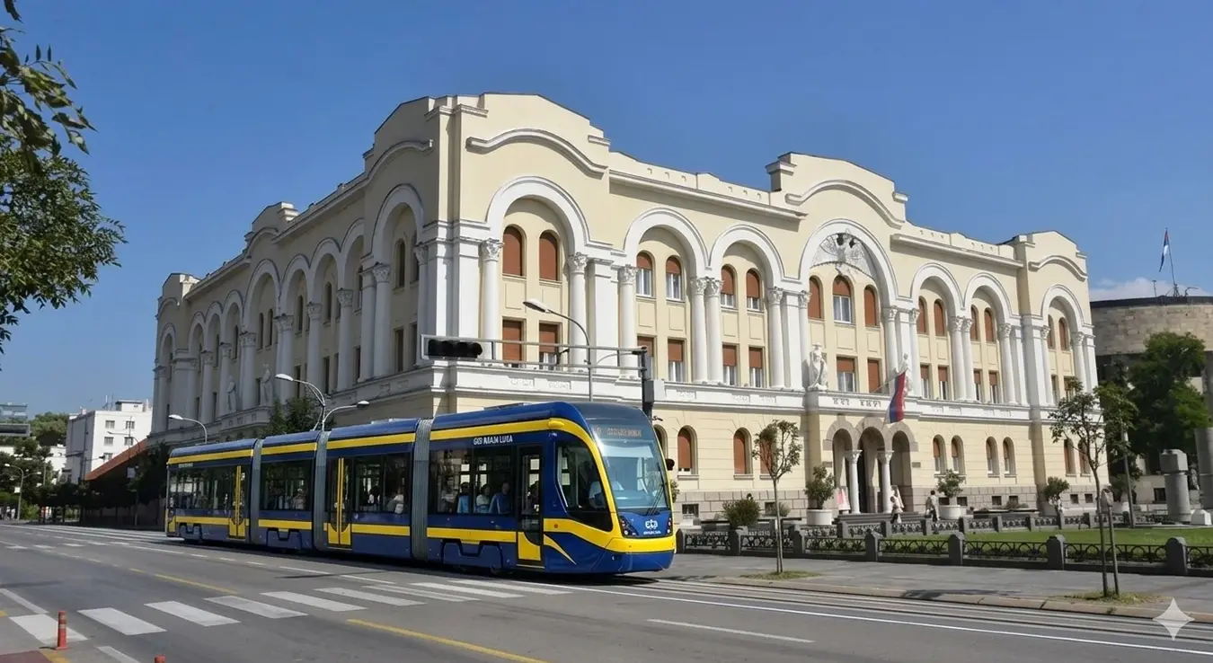 Слика направљена уз помоћ вјештачке интелигенције показује трамвај који пролази испред Банског двора у Бањалуци.