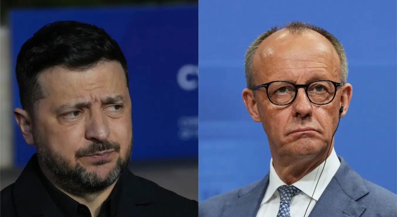 На фотографији лијево налази се Володимир Зеленски, предсједник Украјине, а десно је Фридрих Мерц, њемачки канцелар