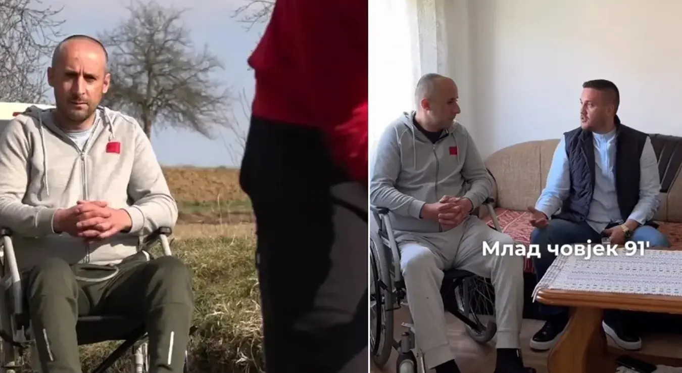 На првој фотографији је Горан Петрушић у колицима. На другој фотографији Горан Петрушић сједи са Небојшом Дринићем.