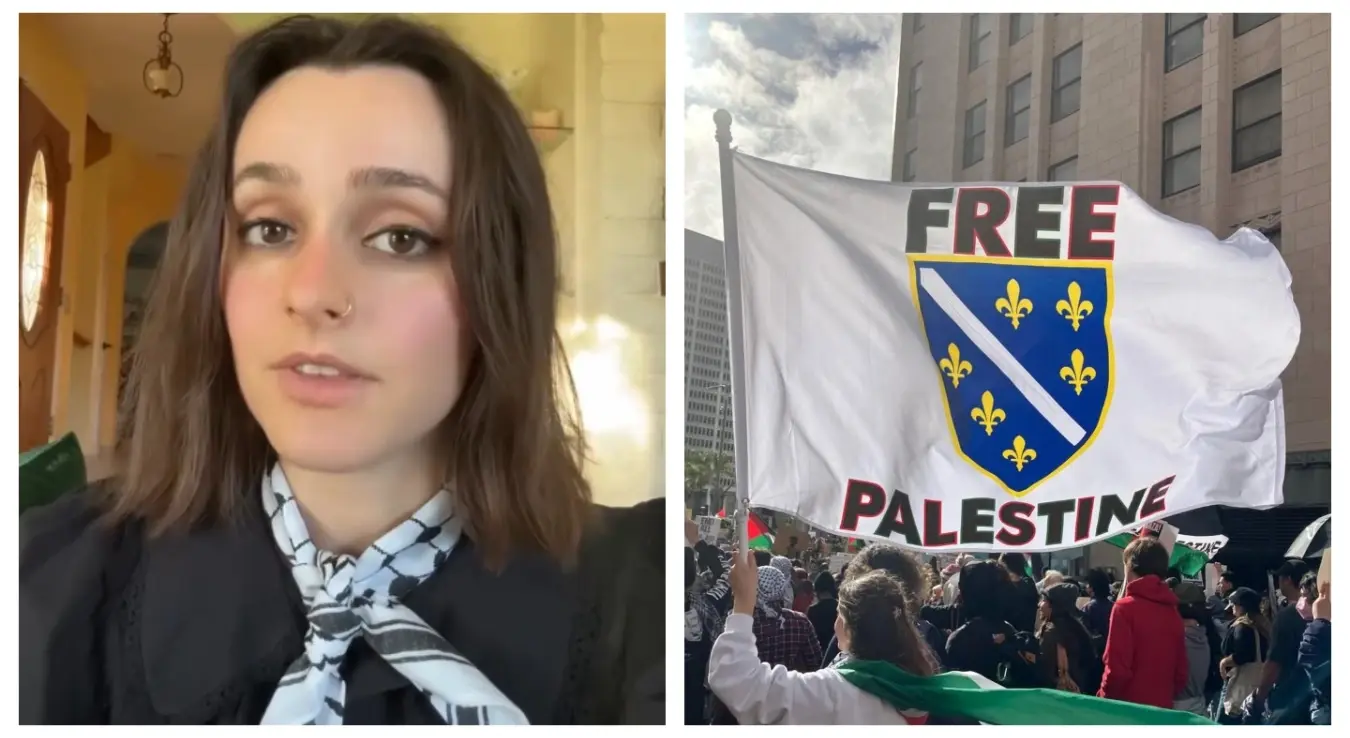 Бошњакиња која позива на протест против Додика и застава РБиХ на којој пише Слободна Палестина