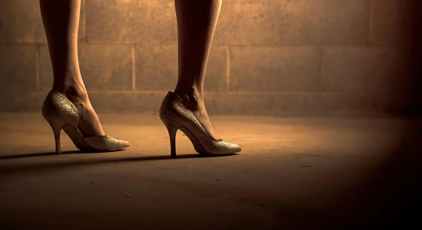 Жена у штиклама стоји испред бетонског зида.