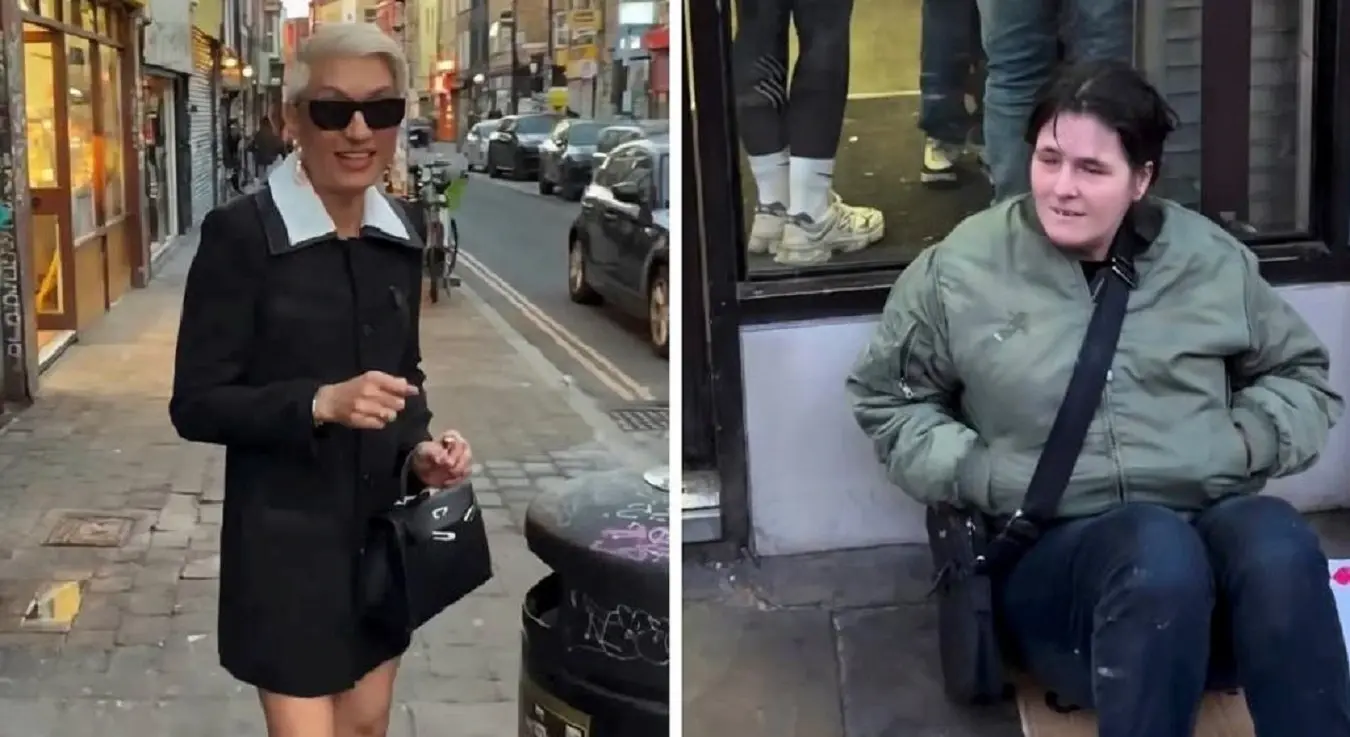 Инфлуенсер Брајан бој обуен као жена, поред њега бескућник у зеленој јакни