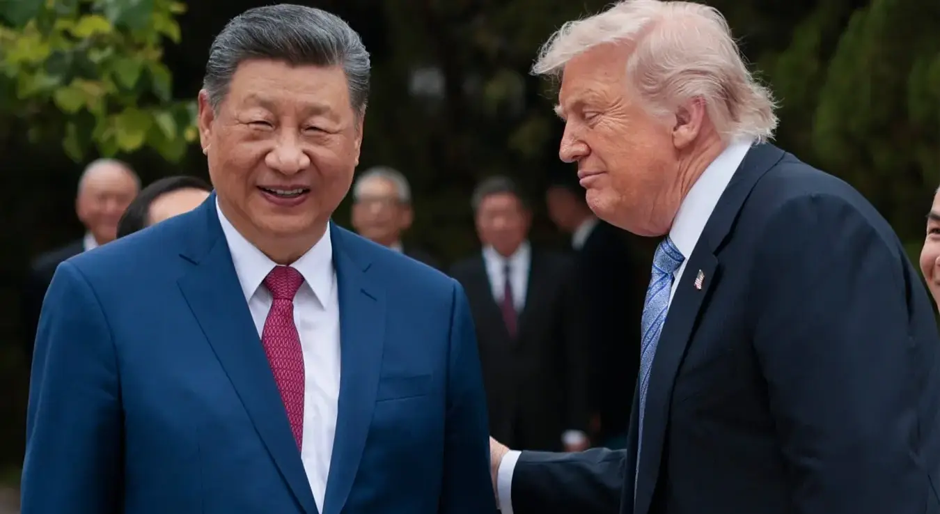 Амерички предсједник Доналд Трамп разговара са кинеским предсједником Си Ђинпингом док одлази након посјете башти Џонгнанхај у Пекингу, петак, 15. мај 2026.