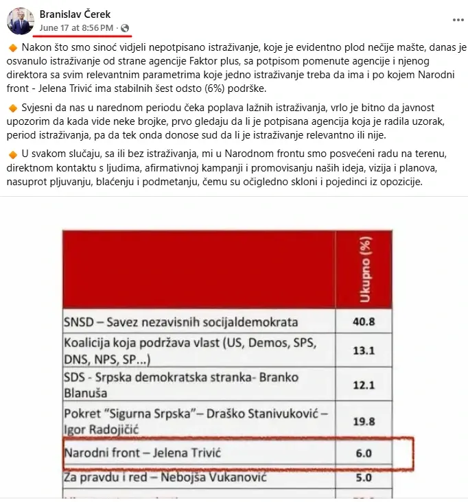 Објава Бранислава Черека