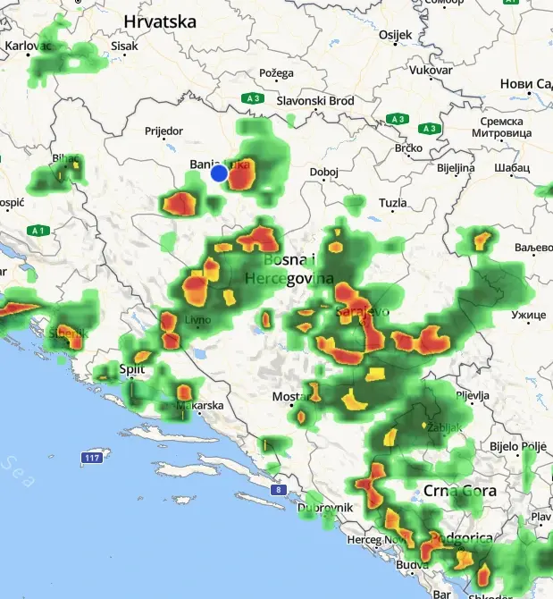 Пројекције кретања невремена у 15:58