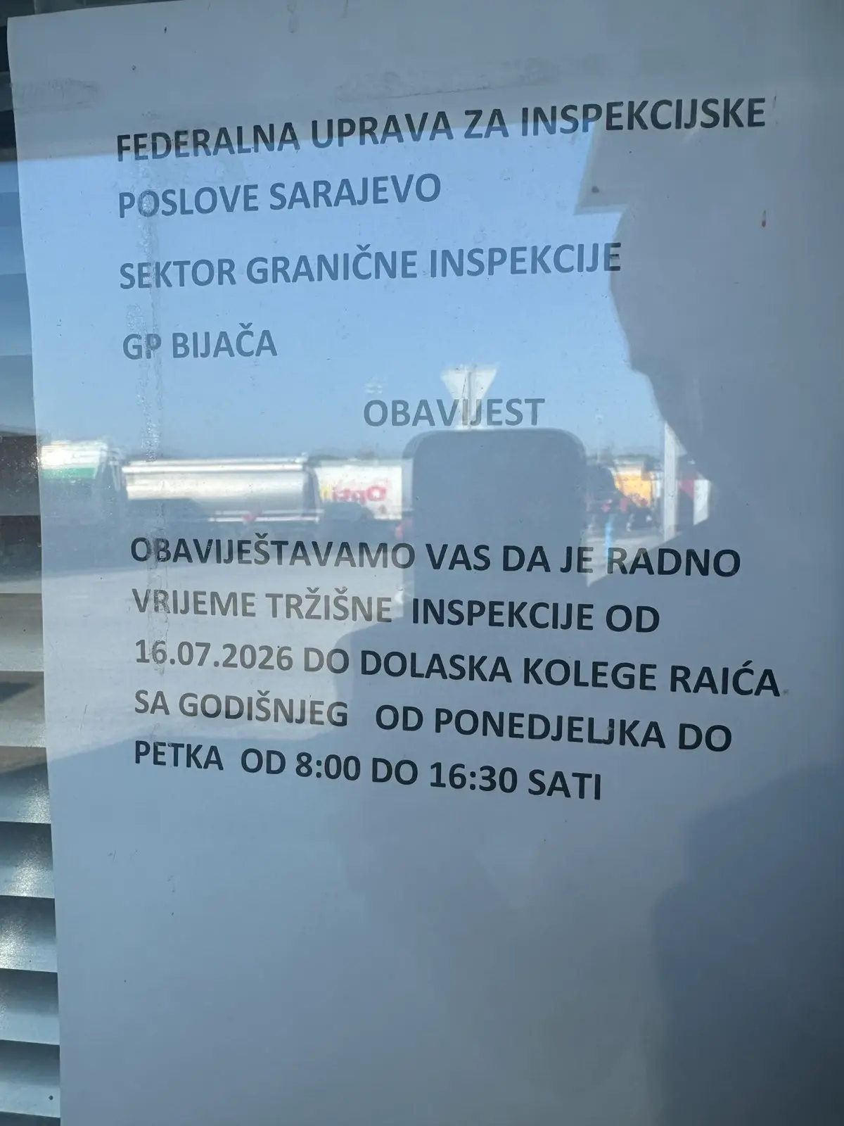 Обавјештење на граничном прелазу Бијача