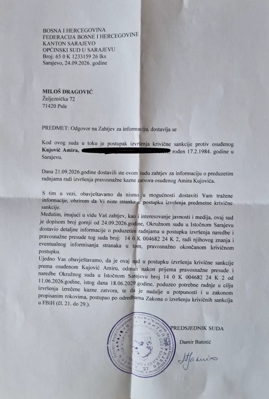 Одговор Општинског суда у Сарајеву